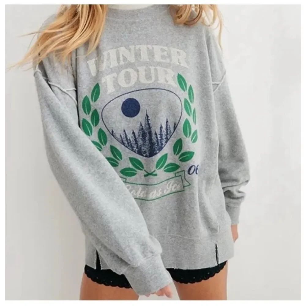 Aerie Small Winter Tour Oversized Grey Crew Neck Sweatshirt